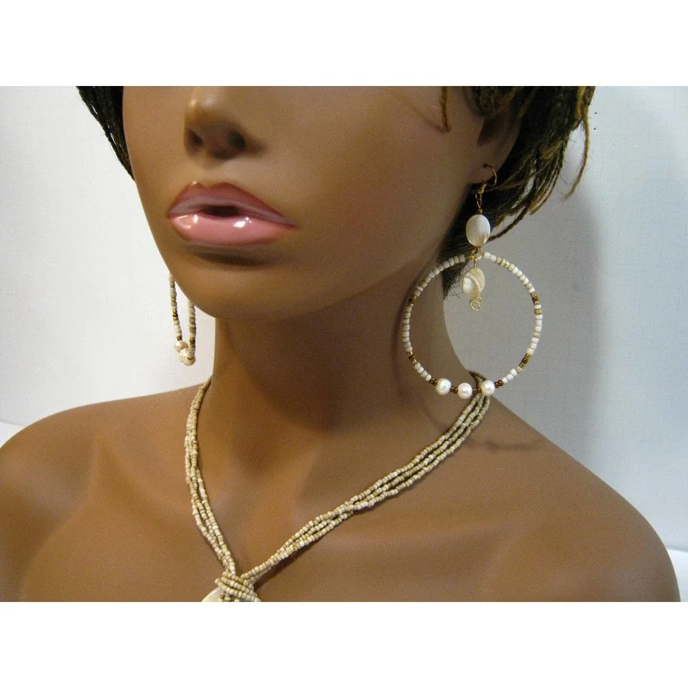 Genuine MOP Shell Beaded large Hoop Earrings and Pendant Necklace Jewelry Set